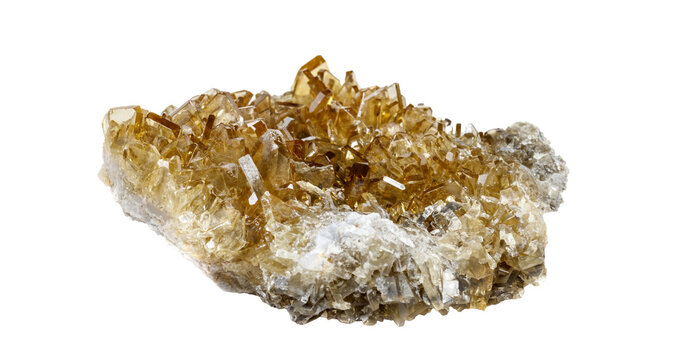 Beautiful golden barite druse representing mental clarity, intuition and inner peace. Sacred alternative therapy amulet template on white backdrop with text space