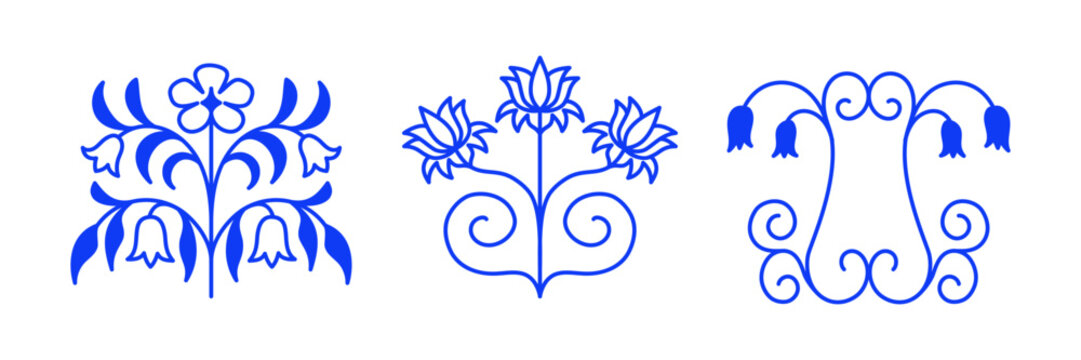 Ornate Floral Vector Flourish Collection with Symmetrical Botanical Vines, Bell Flowers, Lotus Blossoms and Curled Decorative Motifs 