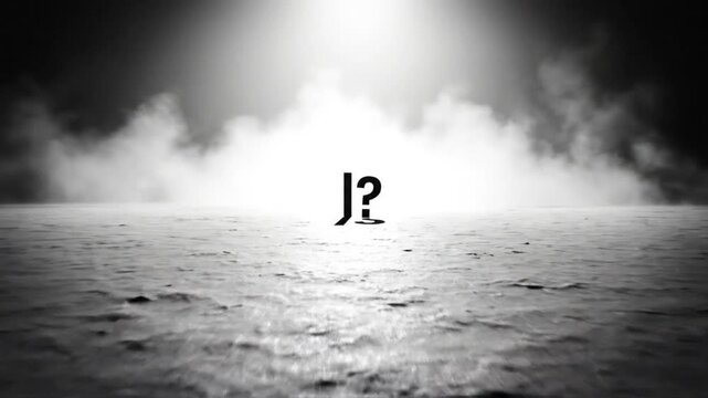 Mysterious cinematic scene with a black question mark and the letter j emerging from a dark sea under a bright sky
