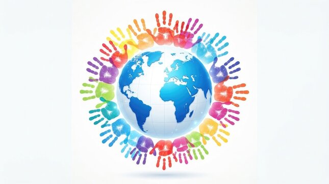 Colorful handprints arranged in a circle around a globe representing global diversity, unity, community, and international cooperation on a white background international day for tolerance
