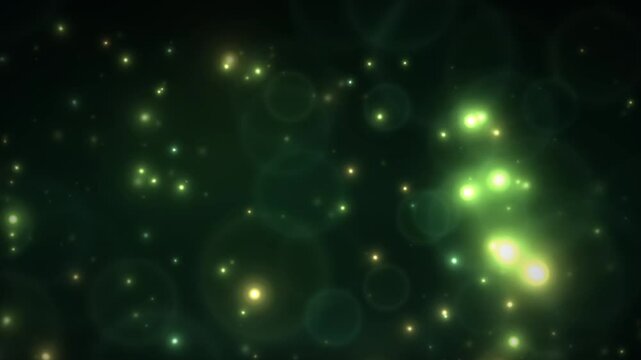 Abstract shimmering green and gold bokeh lights overlay effect with lens flares on a dark background