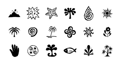 Fototapeta premium Hand Drawn Mystical Nature Vector Symbols Collection with Sun, Starfish, Spirals, Palms, Fish, Sacred Shapes and Organic Icons for Branding, Packaging, Posters, Apparel and Tattoo Design