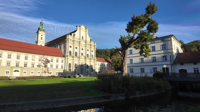 Fuerstenfeld Monastery in Fuerstenfeldbruck near Munich, Upper Bavaria: Baroque Cistercian abbey church with historic cloister courtyard and cultural heritage architecture