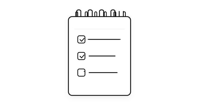 Minimalist line art illustration of a notebook checklist icon with checkmarks.