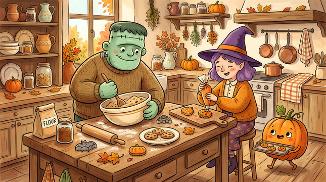 Cute 2D cartoon monsters baking pumpkin and bat Halloween cookies