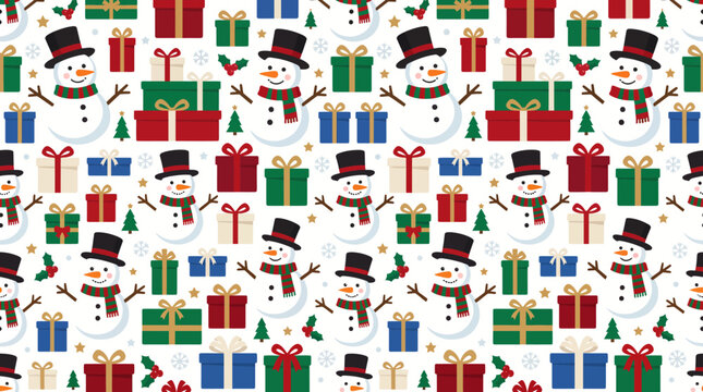 Festive Christmas seamless pattern with cute snowmen in winter hats alongside colorful wrapped gift boxes and decorative holiday elements