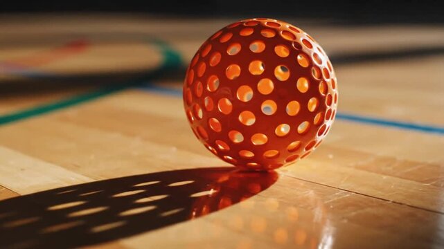 Orange Floorball Ball Resting on Wooden Indoor Court with Dramatic Shadow.