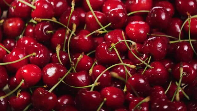 Background of fresh berries rotating. Vegan sweet food, flat lay.