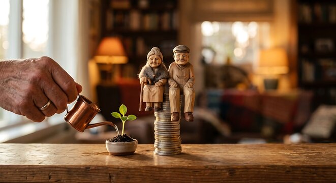 Senior hand watering a small plant next to wooden figurines on coins