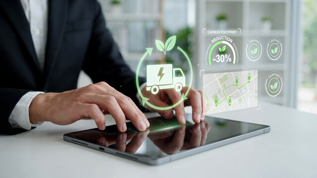 Businessman's hands touching tablet displaying electric truck logistics with green leaf icon and reduction progress