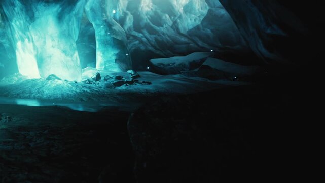 Deep within the ice cave, a magical blue light illuminates crystal formations, creating a stunning visual. The atmosphere is serene, inviting curious adventurers to explore further.
