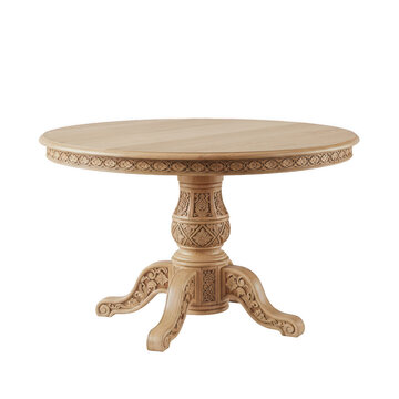 A wooden table with a unique three legged base