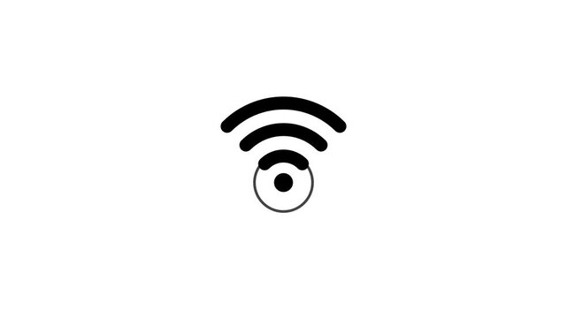 Minimalist black icon of a smart wireless robot vacuum cleaner emitting wifi signal on white background.