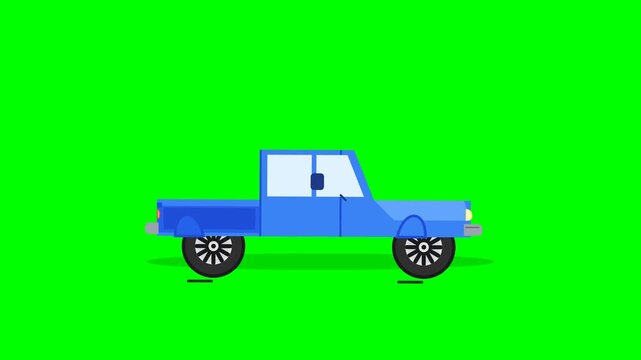 Minimalist blue pickup truck illustration isolated on green screen keying background for transport animation design.
