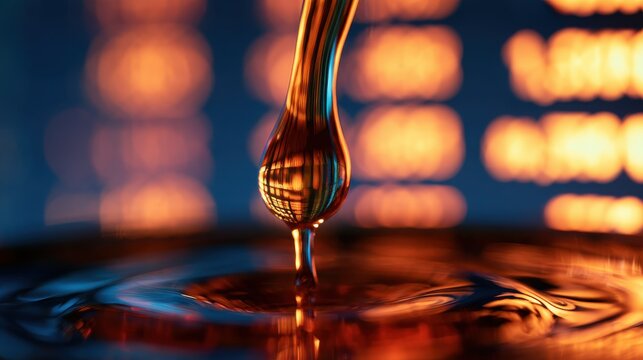 Macro drop of crude oil falling, stock market numbers in background, sharp focus