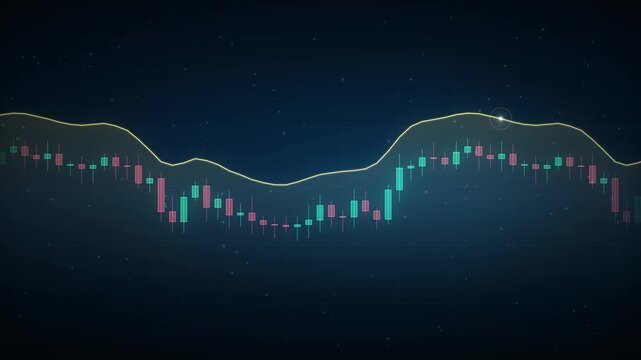 Financial stock market trading chart with candlestick bars and moving average line on a dark blue background with subtle particle effects