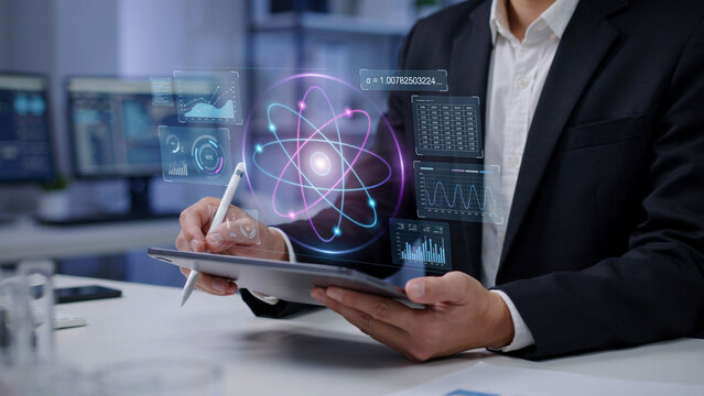 Man in suit using tablet with holographic atom and data displays in modern lab setting