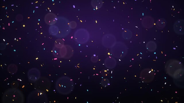 Festive Confetti Falling on Dark Purple Background with Bokeh Lights Celebrating a Special Event or Holiday