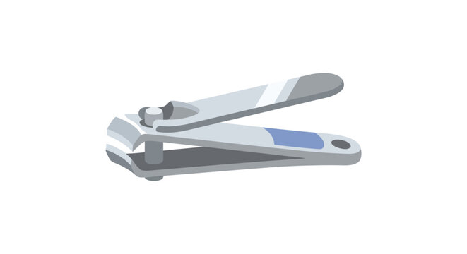 Silver nail clippers with blue accents rest on a white background