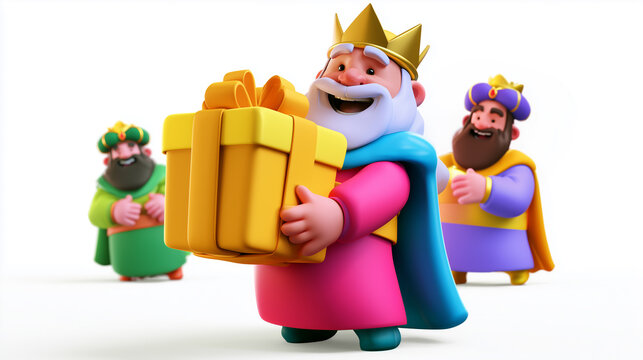 Wise man cartoon character carrying large wrapped gift box with golden crown, 3d render of magi king for christmas and epiphany concept. 
