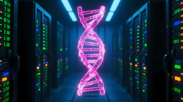Pink dna helix floating in cyberpunk server room