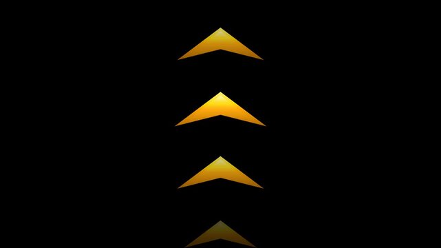 Golden glowing arrows pointing upward on dark background representing growth success progress and direction.