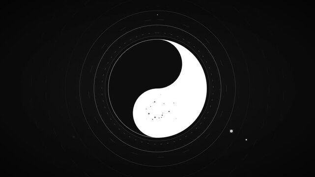 Minimalist black and white yin and yang symbol with subtle cosmic circular orbital rings on dark background.