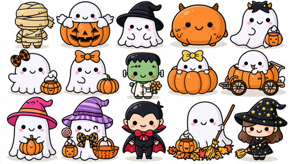 Obraz premium A collection of 15 cute, cartoonish Halloween characters on a plain white background, kawaii cartoon style with simple smiles, a mummy in tan bandages, a white ghost popping out of