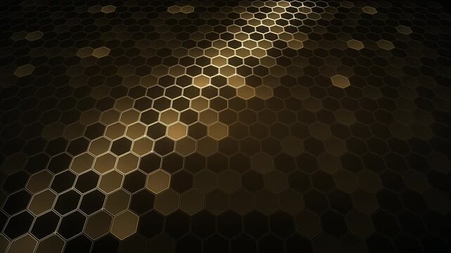 Abstract golden honeycomb pattern with glowing hexagons in a 3D perspective view, representing technology and data flow
