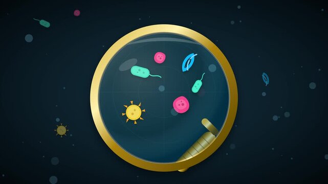 Vector illustration of bacteria and viruses observed through a microscope lens in a laboratory study.