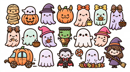 Fototapeta premium Cute Halloween pattern-style collection of 15 cartoon characters on a plain white background, minimal doodle style, thin dark outlines with soft pastel fills in peach, lavender, mi