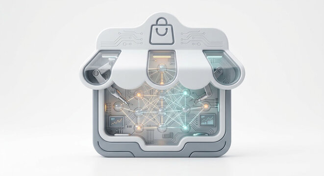 Digital storefront icon with robotic arms and circuit board background