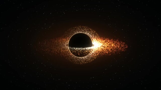 A black hole in deep space with a glowing accretion disk and a jet of matter being ejected into the cosmos
