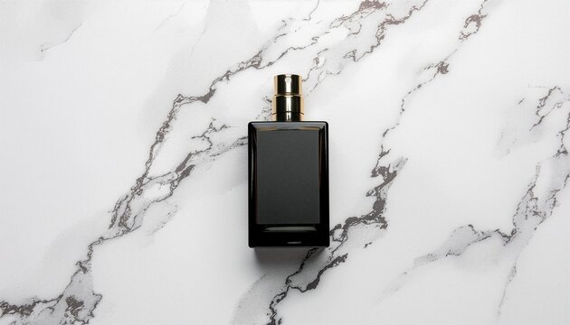 Black Perfume Bottle Mockup with Gold Collar on White Marble