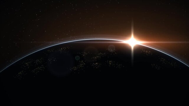 Sunrise over Earth from Space with City Lights Visible on Dark Planet Surface
