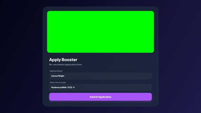 Dark mode vaccine booster application interface. Green screen placeholder overlay UI. Re-vaccination form submit button. Digital health pass dark panel. Medical application pop up screen