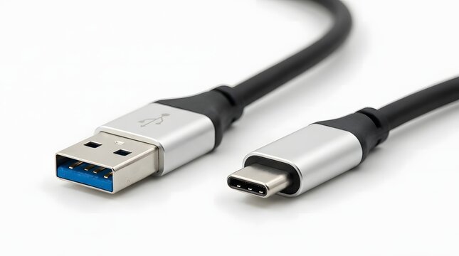 Close up of a modern usb type c to usb a cable on a white background