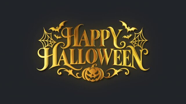 Golden happy halloween logo seamless loop isolated text animation on transparent alpha channel background for video overlay with glow and drop shadow. 4K motion graphic