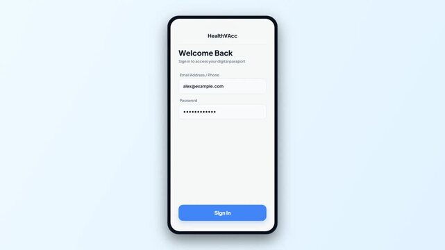 Mobile health app login screen animation. Smartphone mockup green screen frame. Digital vaccine passport user sign in. Modern clean phone interface panel. Mobile application authentication screen