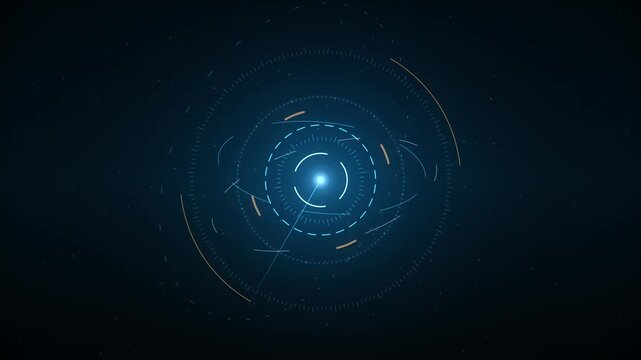 Futuristic Digital Interface with Rotating Geometric Shapes and Glowing Center on Dark Starry Background