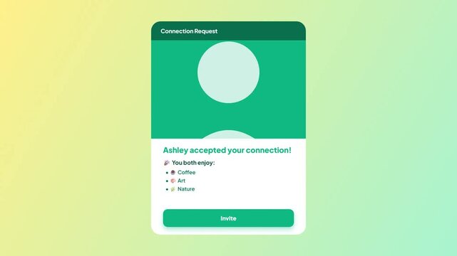 Dating app profile interface animation. Nearby connection match pop up. Social meeting schedule confirm. User profile card transition. Green gradient mockup template. Modern mobile UI concept.