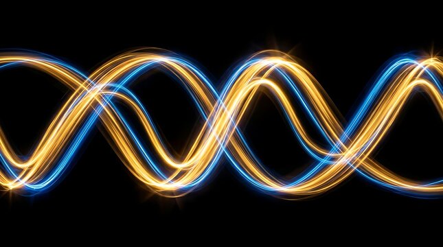 Abstract long exposure photography of glowing gold and blue light waves forming a double helix DNA pattern on a dark background