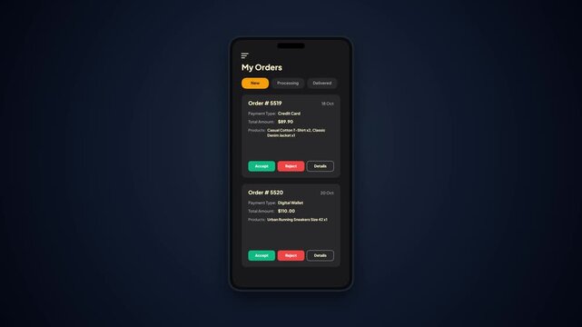 Dark Ecommerce Order Dashboard. Mobile Shopping Management UI. Order Status Interface. Online Store Purchase List. Digital Order Tracker. Modern Dark App. Animated Ecommerce Screen