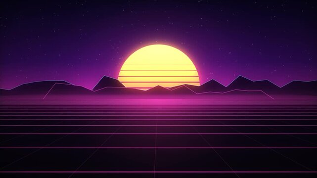 Retro wave sunset over digital landscape with neon grid and mountains in purple and pink tones