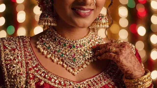 Traditional indian bride wearing ornate gold necklace gemstone jewelry diamond sparkle bokeh lights background
