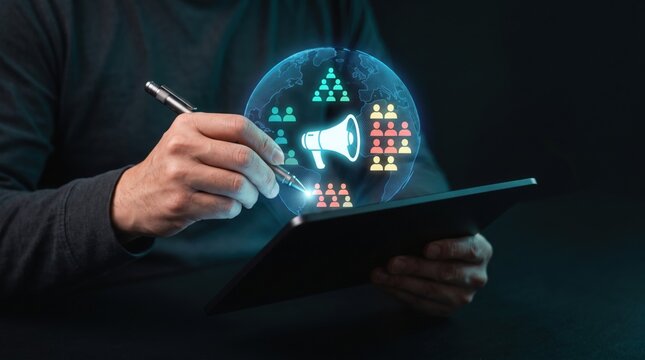 Businessman using a digital tablet for global marketing and target audience reach with futuristic hologram icons