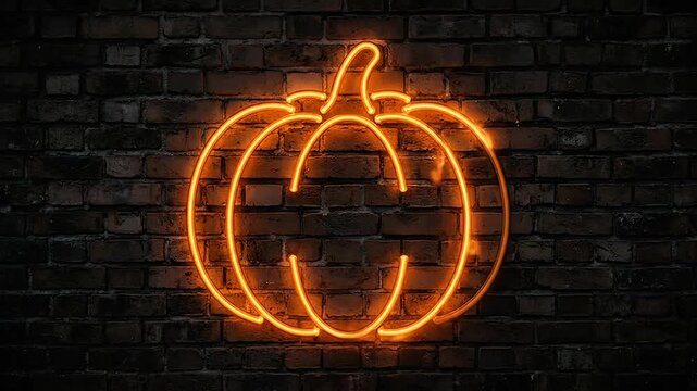 Glowing orange neon pumpkin sign mounted on a textured dark brick wall