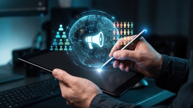 A businessman uses a stylus on a tablet to manage a global digital marketing campaign with holographic icons