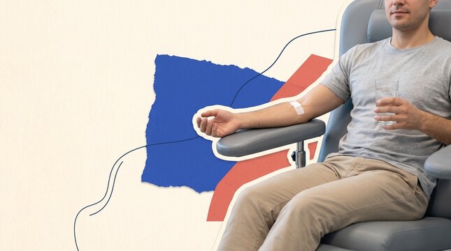 Blood donor resting in a donation chair with adhesive bandage and glass of water after giving blood, illustrating post-donation recovery, hydration and donor aftercare