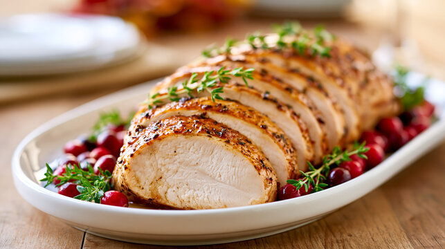 sliced roast turkey breast on a white ceramic platter on the right side of the frame, juicy tender meat with golden crispy skin, fresh thyme and cranberries, blurred autumn dining